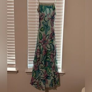 BCBGMaxAzria Teal Floral Ruffle Prom Gown